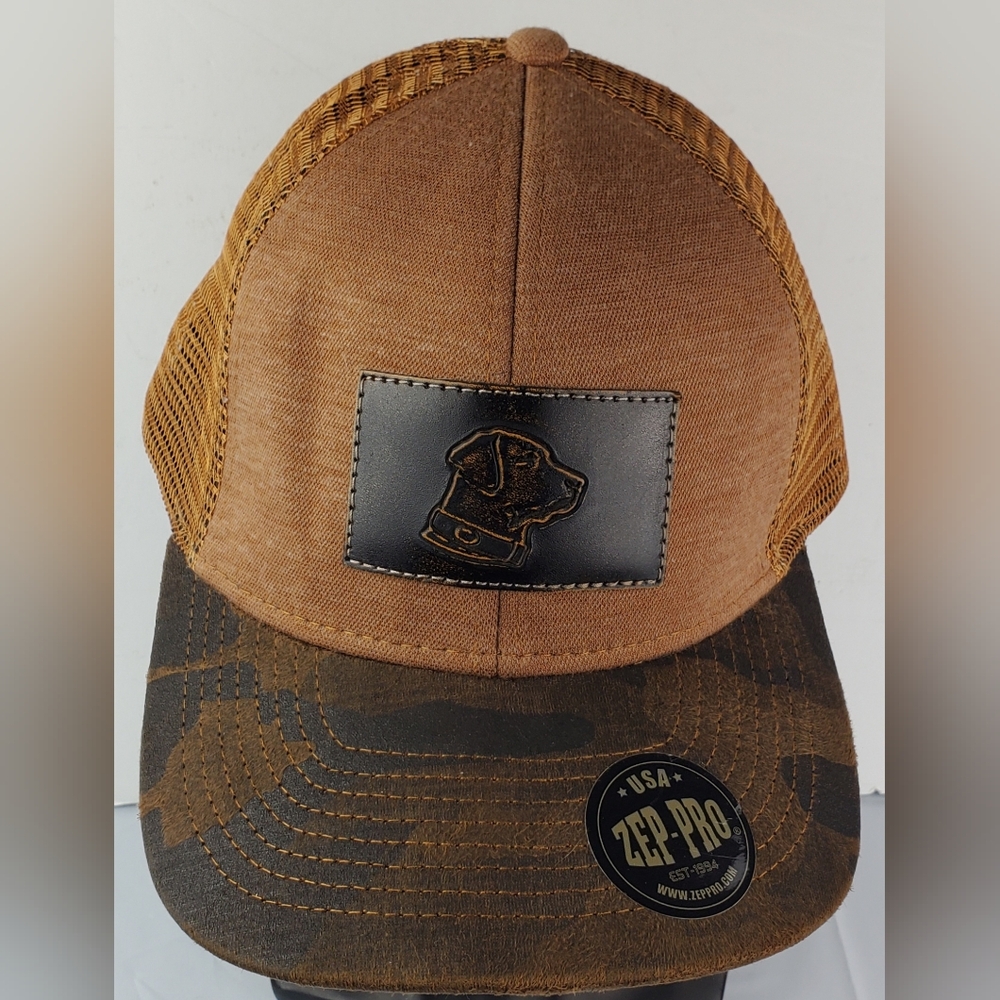 Dri Duck Lab Leather Patch Camo Brim Snapback Trucker Hat Cap - EUC